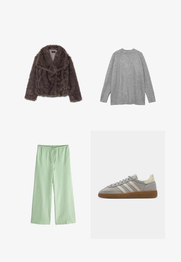 Giacca corta in finta pelliccia marrone con ampio colletto, morbida al tatto e maniche lunghe; presenta dettagli di cucitura orizzontale lungo il corpo.; Maglione grigio lavorato a maglia, realizzato in materiale morbido, con un classico scollo a girocollo, maniche lunghe e polsini e orlo a costine.; Next TEXTURED STRIPE WIDE LEG PETITE - Pantaloni - green; Sneakers in suede grigio con strisce in pelle grigia chiara e suola in gomma color gomma. Le caratteristiche includono chiusura con lacci e branding sottile sulla linguetta.