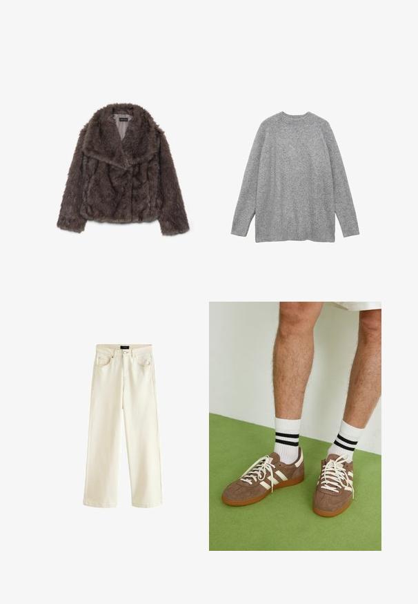 Hnedá umelá kožušina skrátená bunda so širokým golierom, mäkkou textúrou a dlhými rukávmi; zobrazuje horizontálne švy po celom tele.; Sivý pletený sveter vyrobený z mäkkého materiálu, s klasickým výstrihom do okrúhla, dlhými rukávmi a rebrovanými manžetami a spodným okrajom.; Široké nohavice v svetlo béžovom denime, so zapínaním na gombík, piatimi vreckami a hladkou textúrou. Jednoduchý a moderný dizajn.; Hnedé zamatové tenisky s bielymi akcentmi a šnúrkami. Gumová podrážka. Nosené s bielymi ponožkami so čiernymi pruhmi. Zelená textúrovaná podlaha.