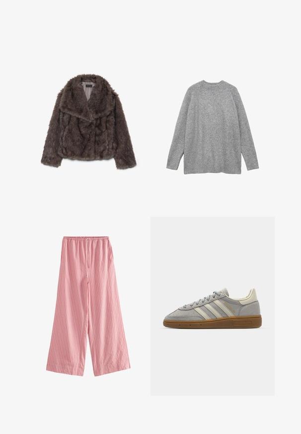Giacca corta in finta pelliccia marrone con ampio colletto, morbida al tatto e maniche lunghe; presenta dettagli di cucitura orizzontale lungo il corpo.; Maglione grigio lavorato a maglia, realizzato in materiale morbido, con un classico scollo a girocollo, maniche lunghe e polsini e orlo a costine.; Next TEXTURED STRIPE WIDE LEG - Pantaloni - pink; Sneakers in suede grigio con strisce in pelle grigia chiara e suola in gomma color gomma. Le caratteristiche includono chiusura con lacci e branding sottile sulla linguetta.