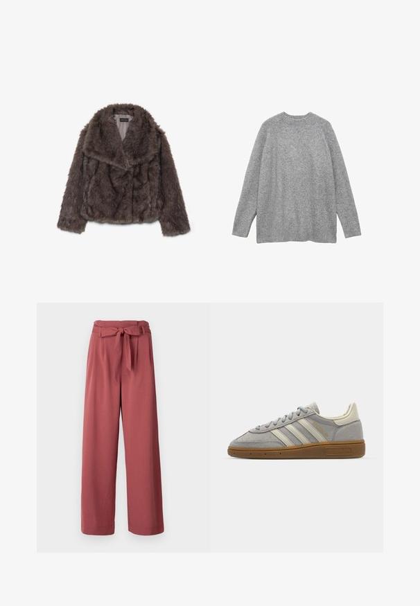 Braune Kunstpelz-Cropped-Jacke mit breitem Kragen, weicher Textur und langen Ärmeln; zeigt horizontale Nahtdetails über den Körper.; Grauer Strickpullover aus weichem Material, mit klassischem Rundhalsausschnitt, langen Ärmeln und gerippten Bündchen sowie Saum.; Weite Hose in einem staubigen Rosaton, aus einem weichen Stoff, mit einem gebundenen Gürtel in der Taille und seitlichen Taschen.; Graue Wildledersneaker mit hellgrauen Lederstreifen und einer Sohle aus Gummi. Zu den Merkmalen gehören eine Schnürung und dezente Markenkennzeichnung auf der Zunge.
