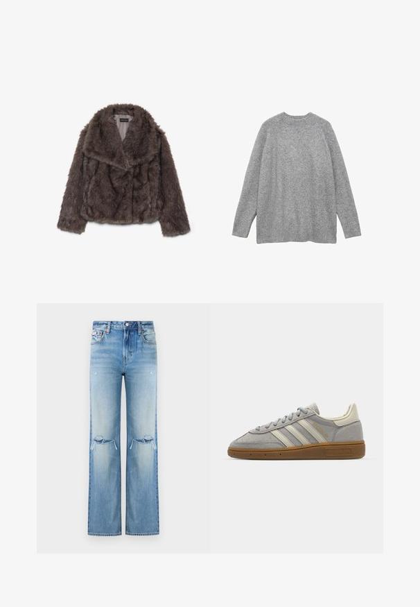 Kratka smeđa umetna krznena jakna s širokim ovratnikom, mekanom teksturom i dugim rukavima; prikazuje horizontalne šavove duž tijela.; Sivi pleteni pulover od mekog materijala, s klasičnim okruglim izrezom, dugim rukavima i rebrastim manžetama i rubom.; Svijetloplave trapke od denima s visokim strukom, širokim nogavicama, iznosom na koljenima i suptilnim izblijeđenjem kroz cijeli materijal.; Sive suede tenisice s svijetlosivim kožnim prugama i gumiranim potplatom. Značajke uključuju vezanje na vezice i suptilno brendiranje na jeziku.