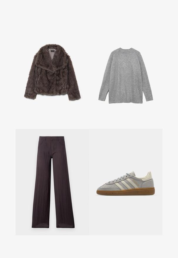 Bruine nepbont cropped jack met een brede kraag, zachte textuur en lange mouwen; toont horizontale stikdetails over het lichaam.; Grijze gebreide trui van zacht materiaal, met een klassieke ronde halslijn, lange mouwen en geribde manchetten en zoom.; Donkergrijze, wijd gesneden broeken van lichtgewicht, gestructureerde stof met een gladde afwerking. Ze hebben zijzakken en een klassieke tailleband.; Grijze suède sneakers met lichtgrijze leren strepen en een gomrubberen zool. Kenmerken zijn een vetersluiting en subtiele branding op de tong.