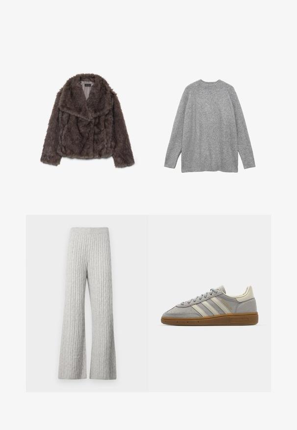 Jachetă scurtă din blană sintetică de culoare maro, cu un guler larg, textură moale și mâneci lungi; prezintă detalii de cositură orizontală pe întreaga suprafață.; Pulover gri tricotat dintr-un material moale, cu un guler clasic rotund, mâneci lungi și manșete și tiv richelieu.; Pantaloni din tricot ribatat gri, cu croială largă, având un model texturat și o talie elastică, cu o finisare dintr-un material moale.; Adidași din suede gri, cu dungi din piele gri deschis și talpă din cauciuc de tip gumă. Include închidere cu șireturi și un branding discret pe limbă.