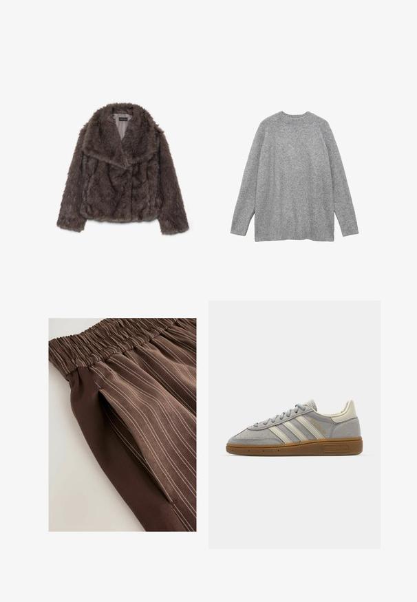 Brązowa kurtka z sztucznego futra, krótka, z szerokim kołnierzem, miękką teksturą i długimi rękawami; posiada poziome przeszycia na całej powierzchni.; Szary sweter z dzianiny wykonany z miękkiego materiału, z klasycznym okrągłym dekoltem, długimi rękawami oraz żebrowanymi mankietami i dolnym brzegiem.; Brązowa spódnica plisowana z elastycznym pasem, w poziome paski w jaśniejszych odcieniach. Gładka tekstura, materiał miękko układa się na ciele.; Szare zamszowe trampki z jasnoszarymi skórzanymi paskami i gumową podeszwą. Wśród cech znajduje się zapięcie na sznurowadła oraz subtelna marka na języku.