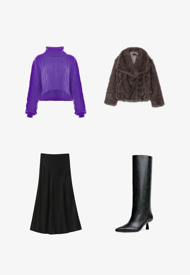 Braune Kunstpelz-Cropped-Jacke mit breitem Kragen, weicher Textur und langen Ärmeln; zeigt horizontale Nahtdetails über den Körper.; Lila, gestrickter, cropped Pullover mit hohem Kragen und weiten Ärmeln. Die Textur ist weich und weist kunstvolle Muster auf.; Schwarzes Off-Shoulder-Oberteil mit langen Ärmeln, das über geraffte Details an der Vorderseite und eine glatte Textur verfügt. Leichtes Material mit figurbetonter Passform.; Schwarzer Rock aus glattem Stoff; A-Linie mit einem ausladenden Saum, hoch sitzender Taille und ohne sichtbare Verschlüsse oder Muster.; Schwarze kniehohe Stiefel aus strukturiertem Leder. Mit spitzem Zeh und kleinem, ausgestellt Absatz. Schlankes, glattes Design mit minimalen Akzenten.