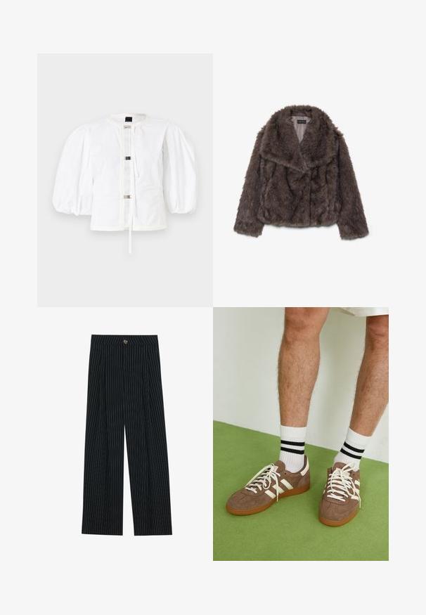 Brown faux fur cropped jacket with a wide collar, soft texture, and long sleeves; shows horizontal stitching detail across the body.; White puff-sleeve jacket with a straight cut, featuring a front closure with metallic buckles and a round neckline. Smooth cotton fabric.; Black pinstriped wide-leg trousers made of textured fabric, featuring a front button closure and pleated design for added interest.; Brown suede sneakers with white accents and laces. Rubber gum sole. Worn with white socks featuring black stripes. Green textured flooring.