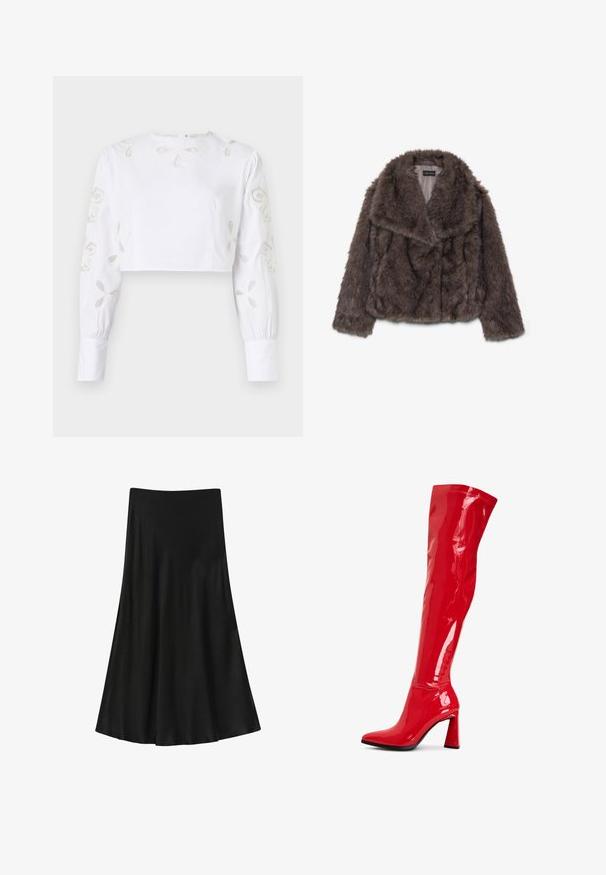 Brown faux fur cropped jacket with a wide collar, soft texture, and long sleeves; shows horizontal stitching detail across the body.; White cropped blouse featuring long sleeves with decorative embroidered floral patterns in a subtle beige thread. Smooth fabric texture.; Black off-the-shoulder long-sleeve top, featuring gathered detailing at the front and smooth texture. Lightweight material with a fitted shape.; Black skirt made of smooth fabric; A-line shape with a flared hem, featuring a high waistband and no visible fastenings or patterns.; Red patent leather over-the-knee boot with a pointed toe and bold block heel. Features a shiny finish and seam detailing along the shaft.