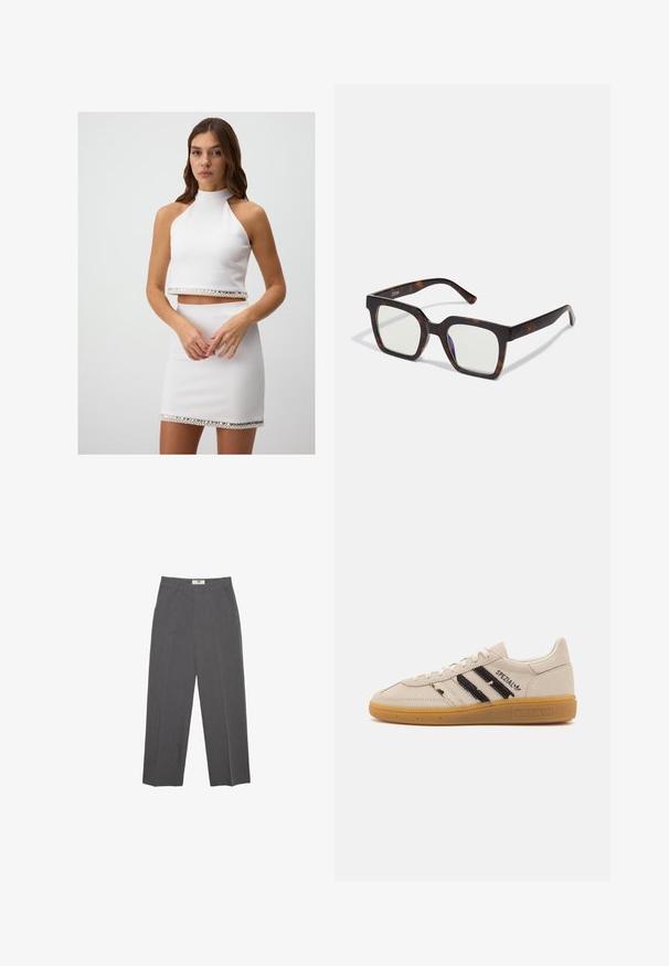 Brown faux fur cropped jacket with a wide collar, soft texture, and long sleeves; shows horizontal stitching detail across the body.; White two-piece outfit featuring a halter neck crop top and a matching mini skirt. Both have a shiny crystal accent along the hem.; Gray straight-leg trousers made from textured fabric, featuring a mid-rise waist, belt loops, and side pockets. No visible patterns or accents.; Beige suede sneaker with black stripes and "Spezial" text, features a textured gum rubber sole and classic lace-up design.; Square sunglasses with a tortoiseshell acetate frame and clear lenses. Features wide temples and a matte finish, enhancing overall durability.