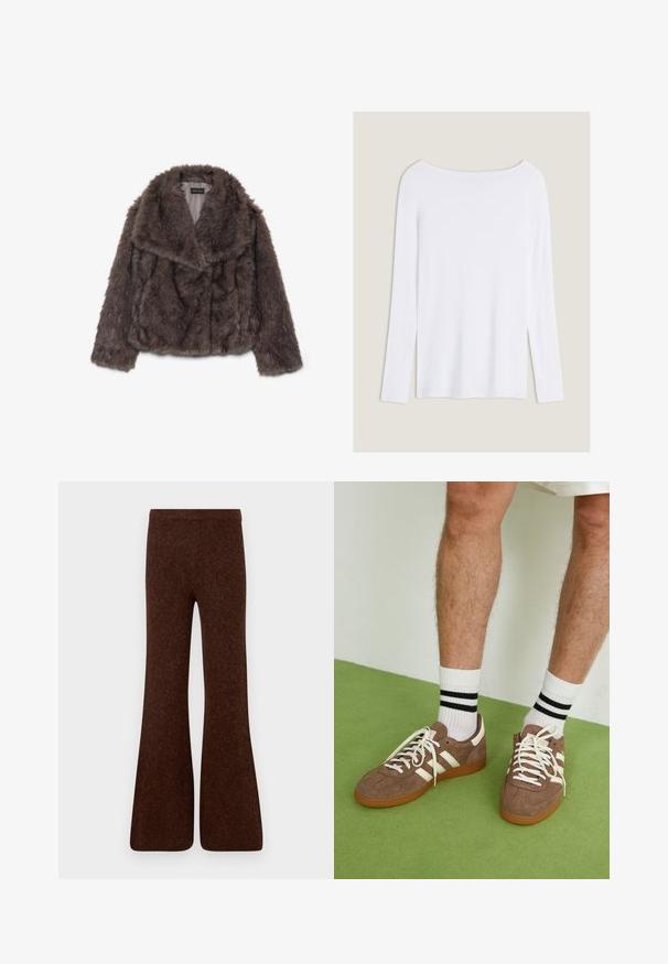 Chaleco de pelo sintético marrón, corto, con un amplio cuello, textura suave y mangas largas; presenta un detalle de costura horizontal en el torso.; Top blanco de manga larga con escote amplio, aberturas laterales y una tela suave y ligera, que presenta un diseño simple y minimalista.; Pantalones acampanados marrones hechos de tejido texturizado, con una cintura alta y un acabado suave, presentando una silueta de pierna ancha. Sin herrajes visibles.; Zapatillas de ante marrón con acentos y cordones blancos. Suela de goma color caramelo. Usadas con calcetines blancos con rayas negras. Suelo texturizado verde.