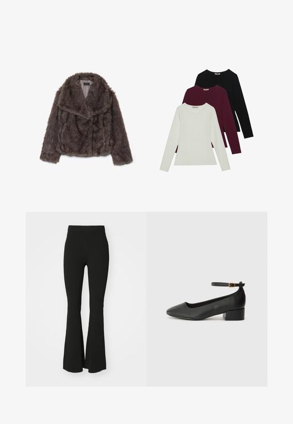Bruine nepbont cropped jack met een brede kraag, zachte textuur en lange mouwen; toont horizontale stikdetails over het lichaam.; Langsleeve t-shirts in het wit, bordeauxrood en zwart. Gemaakt van zachte stof met een ronde halslijn en een aansluitend ontwerp. Geschikt voor lagen.; Zwarte flarepants van rekbare stof, met een hoge taille en een glad, onversierd oppervlak. Eenvoudig en aansluitend ontwerp.; Zwarte leren pump met een spitse neus en een lage blokhak. Beschikt over een enkelband met een goudkleurige gespsluiting. Gladde textuur.