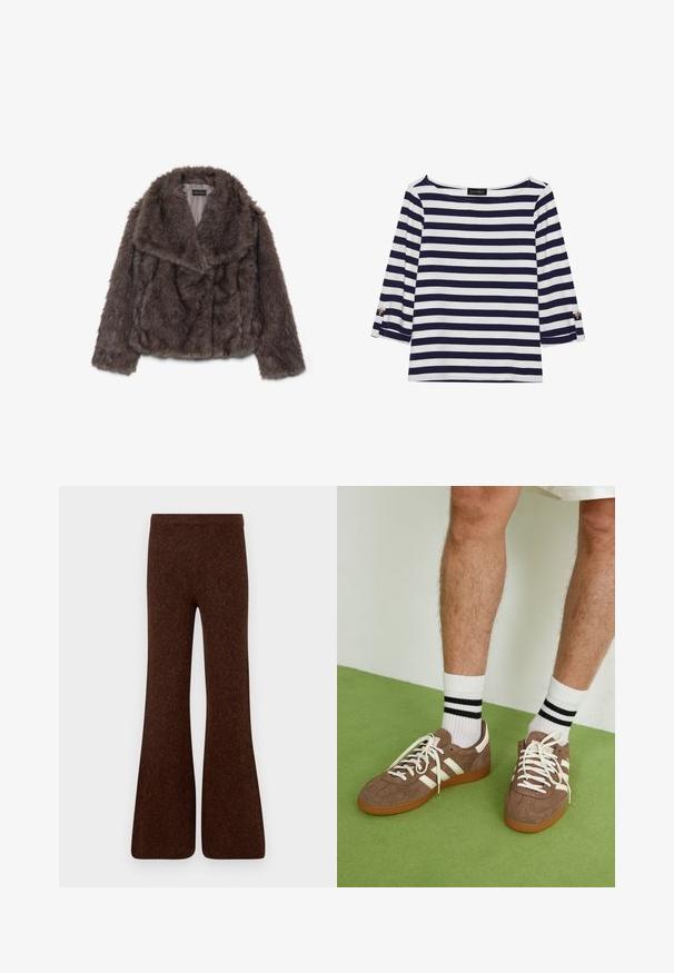 Rudas dirbtinės odos trumpa striukė su plačiu apykakle, švelniu tekstūru ir ilgomis rankovėmis; matyti horizontalių siūlių detalės per visą viršutinę dalį.; Mėlynos ir baltos spalvos dryžuotas ilgomis rankovėmis marškinėliai su laiviniu kaklu ir auksiniais mygtukais sukeltose rankovėse. Minkšta medžiaga, laisvas siluetas.; Rudos plačios kelnės, pagamintos iš tekstūruoto audinio, su aukštu liemeniu ir lygiu paviršiumi, plačiomis kojomis. Matomų detalių nėra.; Rudoni veršiai sportbačiai su baltais akcentais ir raišteliais. Gumos padu. Dėvimi su baltais kojinėmis, turinčiomis juodas juostas. Žalios tekstūruotos grindys.