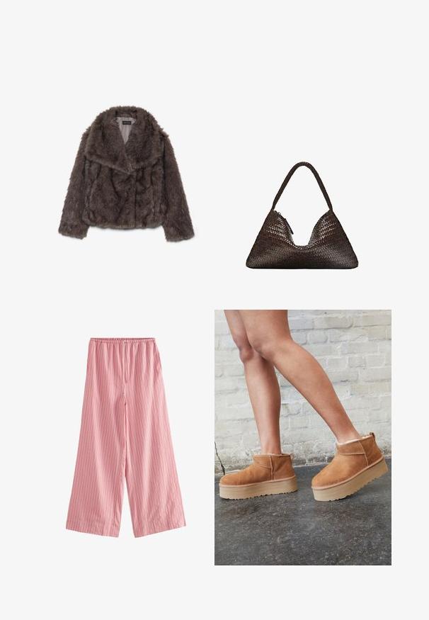 Veste cropped en fausse fourrure marron avec un large col, texture douce et manches longues ; présente des détails de couture horizontale sur le corps.; T-shirt blanc à manches courtes en coton. Doté d'un col ras du cou et d'une coupe décontractée. Texture lisse sans motifs ni accents visibles.; Next TEXTURED STRIPE WIDE LEG - Pantalon classique - pink; Bottines en suède marron avec une doublure en peluche, semelle épaisse en beige et une poignée à l'arrière. Surface texturée avec des détails de couture visibles.; Sac à main triangulaire en cuir tressé marron foncé avec une poignée tressée unique et une tirette de fermeture éclair visible sur un côté.