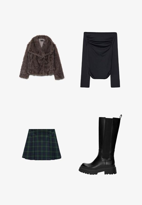 Rjava umetna krznena jakna s skrajšanim krojem in širokim ovratnikom, mehko teksturo in dolgimi rukavi; prikazuje vodoravne šive po celotni površini.; Črni top z dolgimi rokavi, brez naramnic, z nabranimi detajli spredaj in gladko teksturo. Lahkoten material s prilegnjeno obliko.; Zelena in mornarsko modra karirana plisirana krila z dvema stranskima žepoma in ravnim robom. Narejena iz tkanine z gladko teksturo in strukturiranim dizajnom.; Črne usnjene čizme do kolen z elastičnimi stranskimi paneli, trdna gumijasta podplat in debel petek. Gladka tekstura z minimalnimi šivi.