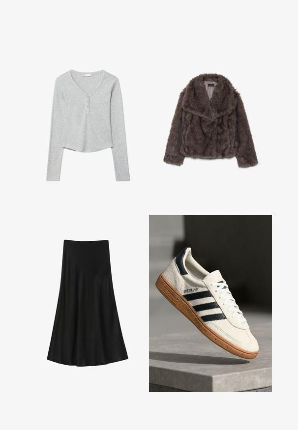 Veste cropped en fausse fourrure marron avec un large col, texture douce et manches longues ; présente des détails de couture horizontale sur le corps.; Haut gris à manches longues avec un col en V, doté d'une patte de boutonnage et d'un ourlet légèrement court. Fabriqué en tissu doux et extensible.; Jupe noire en tissu lisse ; forme évasée avec un ourlet flottant, dotée d'une taille haute et sans fermetures ni motifs visibles.; Baskets en daim blanc avec des bandes navy, semelle en caoutchouc gomme, tige texturée, bout rond et lacets ; arbore un logo sur le côté et sur la languette.