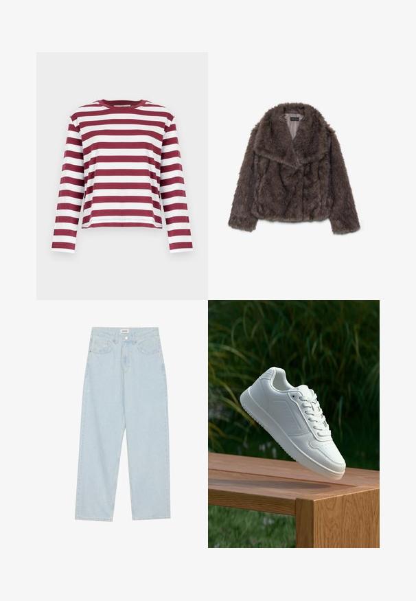 Brązowa kurtka z sztucznego futra, krótka, z szerokim kołnierzem, miękką teksturą i długimi rękawami; posiada poziome przeszycia na całej powierzchni.; Selected Femme SLFESSENTIAL ciemnoczerwony; Jasnoniebieskie dżinsy o szerokich nogawkach, wykonane z denimu, z średnim stanem, pięcioma kieszeniami oraz zapięciem na guzik z wąskim metalowym akcentem.; Biały sneaker z gładką syntetyczną cholewą, perforowanym noskiem, płaskimi sznurowadłami i teksturowaną podeszwą, wyeksponowany na drewnianej powierzchni.