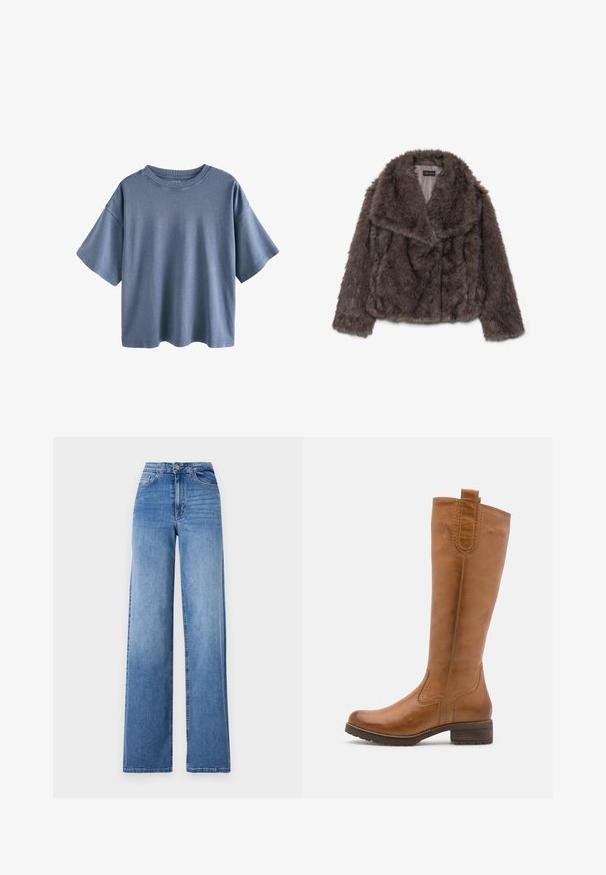 Braune Kunstpelz-Cropped-Jacke mit breitem Kragen, weicher Textur und langen Ärmeln; zeigt horizontale Nahtdetails über den Körper.; Next RELAXED FIT CREW NECK - T-Shirt print - charcoal grey; Helleblaue, weit geschnittene Jeans aus Denim mit hoher Taille, Vorderaschen und einem normalen Knopfverschluss. Glatte Textur.; Anna Field LEATHER - Stiefel - cognac