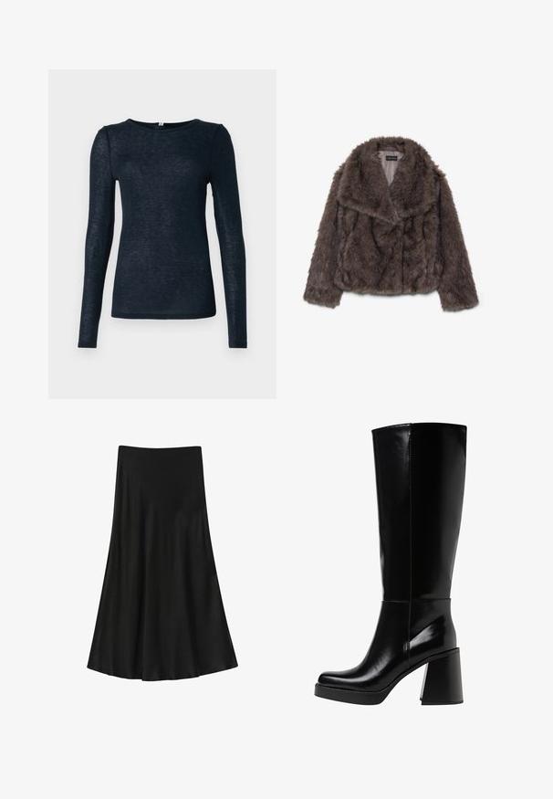 Brun syntetisk pälskort jacka med bred krage, mjuk textur och långa ärmar; visar horisontell sömnadsdetalj över kroppen.; Långärmad topp i mörk marinblå, tillverkad av ett lätt, något texturerat tyg med rund hals och figurnära passform.; Svart kjol tillverkad av smidig tyg; A-linjeform med en utflädd nederkant, med hög midja och utan synliga knäppningar eller mönster.; Svarta knähöga stövlar i glänsande material, med en kraftig klack och rund toe. Sömdetaljer löper längs den yttre sidan.