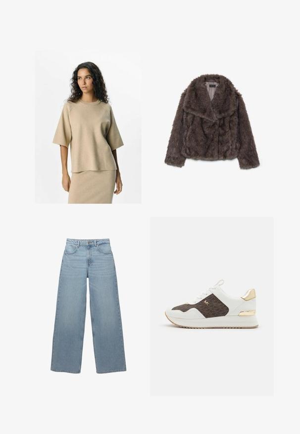 Veste cropped en fausse fourrure marron avec un large col, texture douce et manches longues ; présente des détails de couture horizontale sur le corps.; Un haut en tricot beige à manches courtes et col rond, avec une coupe décontractée et une texture lisse. Associé à une jupe assortie.; Jean large bleu clair en denim de coton, doté de cinq poches, d'une fermeture à bouton à l'avant et de légers effilochages le long de l'ourlet.; Baskets blanches avec un panneau en tissu à motif marron, accents en métal doré, bout rond, design à lacets et semelle en caoutchouc texturé.