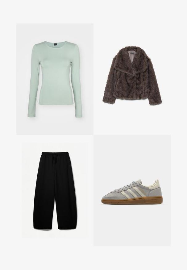 Brown faux fur cropped jacket with a wide collar, soft texture, and long sleeves; shows horizontal stitching detail across the body.; Long-sleeve light green top in soft, stretchy fabric with a round neckline and fitted design, featuring a plain texture and subtle seams.; Black wide-leg pants with an elastic waistband and drawstring. Soft fabric with a smooth texture. Straight cut with side seams.; Gray suede sneakers with light gray leather stripes and a gum rubber sole. Features include lace closure and subtle branding on the tongue.