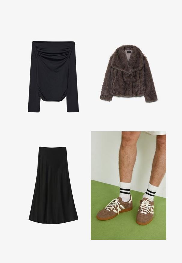 Ruskea tekoturkishihatuksi, jossa on leveä kaulus, pehmeä pinta ja pitkät hihat; näyttää vaakasaumojen yksityiskohtia vartalon ympäri.; Mustat olkainless pitkähihainen paita, jossa on rypytetty yksityiskohta edessä ja sileä pinta. Kevyt materiaali, joka on muotoiltu kiinteästi.; Musta hame, joka on valmistettu sileästä kankaasta; A-linjainen muoto, jossa on levenevä helma, korkea vyötärö ja ei näkyviä kiinnityksiä tai kuvioita.; Ruske nahkate sneakerit valkoisilla korostuksilla ja nauhoilla. Kumi-gumipohja. Yhdistetty valkoisiin sukkiin, joissa on mustia raitoja. Vihreä teksturoitu lattia.