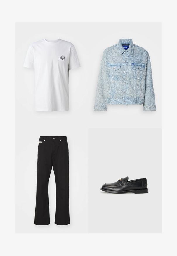 Lysblå strikket button-up jakke med krave, to brystlommer med klapper og et lille blå logo-mærke på venstre lomme.; Hvid bomulds T-shirt med et lille sort broderet design på brystet; korte ærmer og en klassisk rund hals.; Svarte bomuldsbukser med lige ben-design, der har en frontknaplukning, to sidelommer og et lille mærke på linningen.; Sorte læder loafers har en afrundet tå, syede detaljer og en lille gylden accent foran. Sålen er flad og diskret.