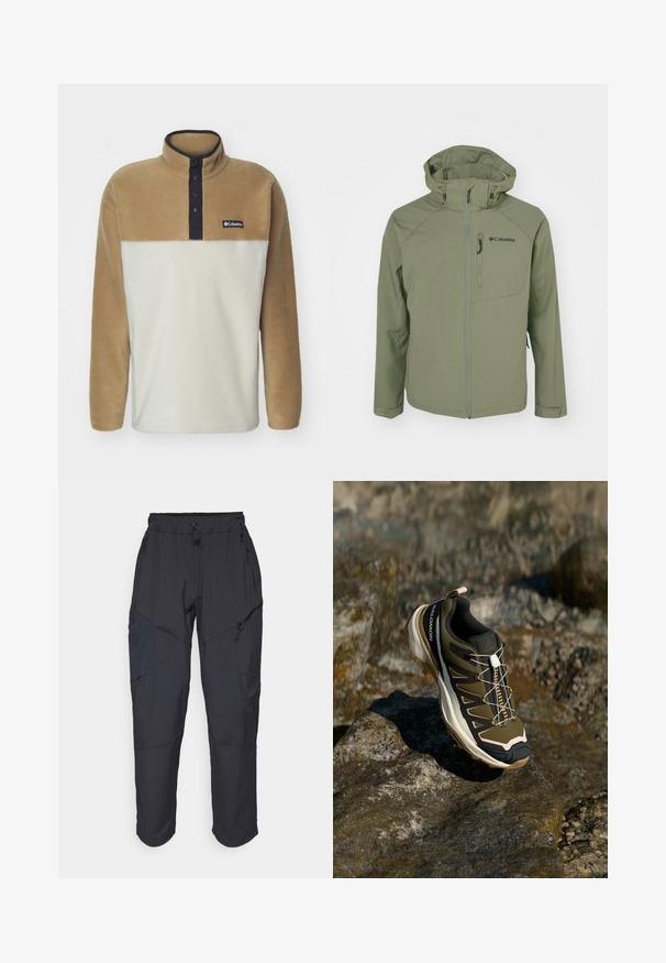 Giacca Columbia verde con zip frontale, cappuccio regolabile e tasca sul petto. Presenta una superficie in tessuto liscia e opaca, con un design aderente.; Columbia STEENS MOUNTAIN™ HALF SNAP - Felpa in pile - dark stone/delta/black; T-shirt bianco in cotone con maniche corte, colletto rotondo e un piccolo logo nero Columbia sul petto sinistro. Design semplice e morbido.; Pantaloni cargo neri realizzati in un materiale leggero e resistente all'acqua; presentano una vita elastica, diverse tasche con zip e gambe affusolate.; Scarpe da escursionismo in verde oliva e nero con dettagli rosa. Presentano una parte superiore testurizzata, suola flessibile, puntale rinforzato e un vivace sistema di allacciatura.