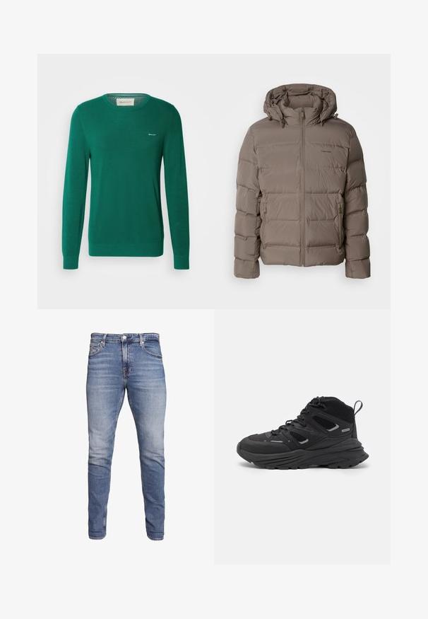 Puffermantel in gedämpftem Beige, mit Kapuze, Frontreißverschluss und seitlichen Reißverschlusstaschen. Hergestellt aus gestepptem, gepolstertem Material für Wärme.; Grüner Strickpullover mit langen Ärmeln, Rundhalsausschnitt und einem strukturierten Muster. Verfügt über ein kleines weißes Logo auf der linken Brust.; Blaue Slim-Fit-Jeans mit fünf Taschen, ausgeblichenem Stoff, Knopfverschluss und Gürtelschlaufen, vor einem weißen Hintergrund präsentiert.; Schwarze Wanderschuhe mit einem geschichteten Design, strukturiertem Stoff und Gummisohle, verstärkten Bereichen und Schnürung vorne.