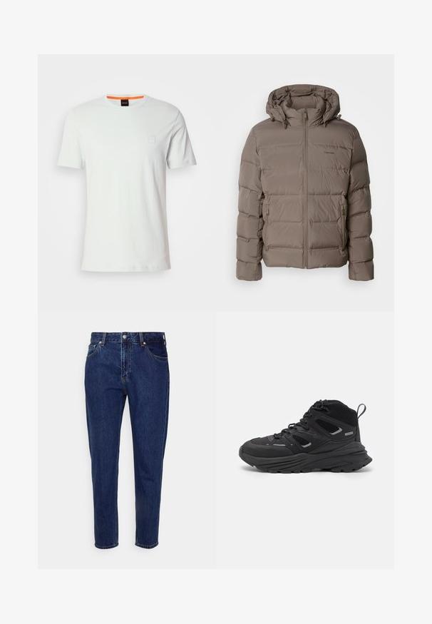 Puffjakke i dempet beige, med hette, fremre glidelås og sidelommer med glidelås. Laget av quilte, polstret materiale for varme.; Hvit bomull T-skjorte med korte ermer, ribbet hals, logo-patch i lyst blått på venstre bryst og en oransje aksent på innsiden av kragen.; Mørkeblå denimjeans med rette ben, fem lommer og knappestenge. Har subtil falming og sømdetaljer.; Sorte tursko med en lagdelt design, teksturert stoff og gummisåle, med forsterkede områder og snøring foran.