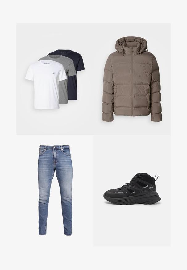 Puffjacka i dämpad beige, med huva, frontdragkedja och sidodragkedjefickor. Tillverkad av vadderat, quiltat material för värme.; Tre kortärmade tröjor i vitt, grått och marinblått; tillverkade av bomull med rund hals och Calvin Klein-logotyp på bröstet.; Blå slim-fit jeans med fem fickor, blekt tvätt, knäppning och bälteshål, uppvisade mot en vit bakgrund.; Svarta vandringsskor med ett flerskiktat mönster, texturerat tyg och gummisula, med förstärkta områden och snörning fram.
