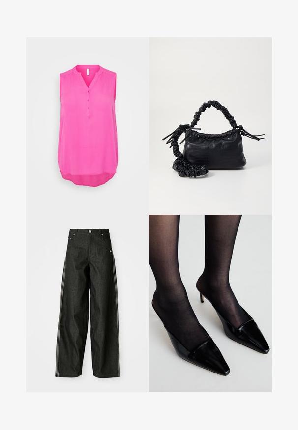 Bežani skraćeni trenč kaput s velikim ovratnikom, dvorednim dizajnom, u kombinaciji s hlačama širokih nogavica u slate sivoj boji s plisiranim detaljima i crnim cipelama.; Majica bez rukava u svijetlo ružičastoj boji, napravljena od lagane tkanine. Ima V-izrez s četiri gumba i zakrivljeni rub za opušteni fit.; Crne traperice širokih nogavica s bijelim bočnim prugama, s prednjim džepovima, patentnim zatvaračem i suptilnim logotipom blizu struka.; Crne lakirane mule s uskim nosom i niskim dizajnom. Imaju tanak potpeticu i kombinirane su s crnim prozirnim najlonkama.; Crna torba od umjetne kože s teksturom krokodila, s cinčanim vrhom i naboranom trakom. Izgleda mekano i kompaktno u dizajnu.