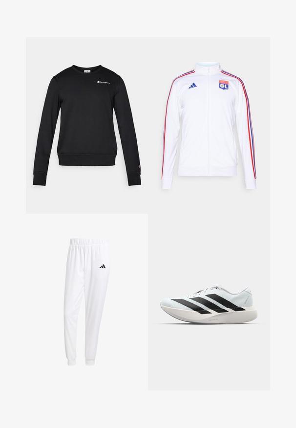 Balta sportinė striukė su užtrauktuku, su raudonomis ir mėlynomis juostomis ant rankovių, bei Olimpico Lione logotipu krūtinėje. Pagaminta iš sintetinės medžiagos.; Juodas medvilnės mišinio džemperis su ilgomis rankovėmis, apvaliu kaklu ir mažuoju baltu Champion logotipu ant krūtinės.; Balti sportiniai keliaraiščiai, pagaminti iš lygios medžiagos, su elastinga liemene ir priglundančiais rankogaliais, ant galinio kišenės yra juodas logotipas.; Lengvi bėgimo batai šviesiai mėlynos spalvos su juodomis juostelėmis. Yra lygus viršus, apvalus pirštas ir storas baltas vidpadis su užrašu "LIGHTSTRIKE PRO."