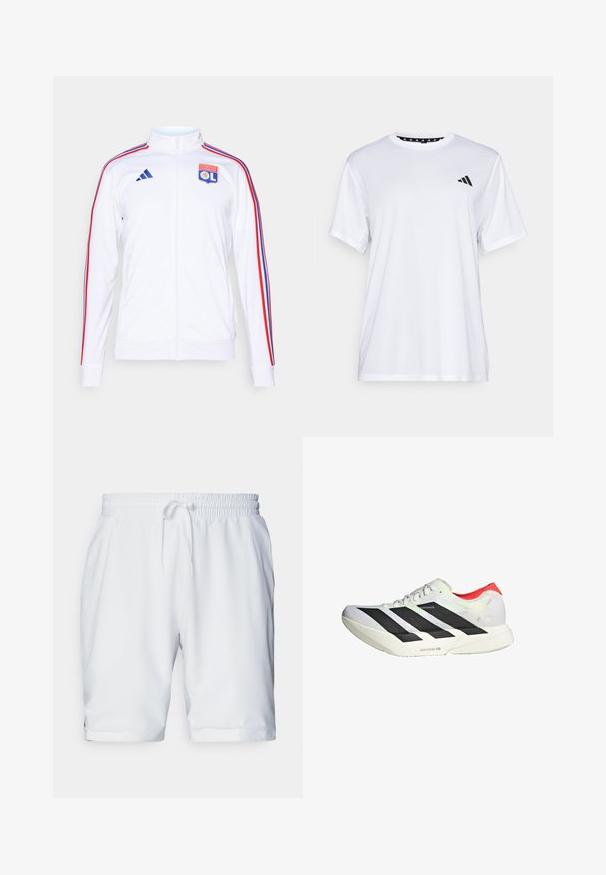 Valge sportlik jakk, millel on tõmblukk, punased ja sinised triibud varrukatel ning Olympic Lyonnais logo rinnal. Valmistatud sünteetilisest materjalist.; Valge sportlik T-särk lühikeste varrukatega, valmistatud niiskust eemaldavast kangast. Ees on must logo vasakul rinnal ja soe mustriline kaelaosa.; Valged sportlikud lühikesed püksid elastse vöökohaga ja reguleeritava paelaga. Sile kangas, millel on peen struktuur, ja küljetaskud.; Valge sportlik jalats mustade diagonaalriipidega, punaste aktsentidega kandadel ja tekstuuriga peal; sisaldab LIGHTSTRIKE PRO pehmendust.