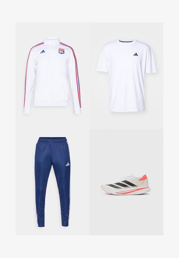 Veste de sport blanche avec zip, présentant des rayures rouges et bleues sur les manches, et un logo de l'Olympique Lyonnais sur la poitrine. Fabriquée en matériau synthétique.; T-shirt blanc à manches courtes en tissu à texture lisse. Présente un logo adidas noir sur le côté gauche de la poitrine et un col à motifs.; Pantalons de sport navy en matériau lisse avec des bandes blanches sur les côtés, une taille élastique et une touche rouge en bas de l'ourlet.; Baskets de course blanches avec des rayures noires, design incurvé, dessus en mesh léger, languette de talon proéminente en rouge vif et semelle épaisse avec des accents roses.