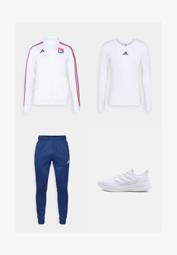 Weiße Sportjacke mit Reißverschluss, mit roten und blauen Streifen an den Ärmeln und einem Olympique Lyonnais Logo auf der Brust. Hergestellt aus synthetischem Material.; Langärmliges weißes Sportshirt aus glattem Material mit einem schwarzen Adidas-Logo auf der Brust; V-Ausschnitt-Design und figurbetonte Form.; Marineblaue Jogginghosen mit elastischem Bund und Säumen, ausgestattet mit weißen Seitenstreifen und roten Akzenten, hergestellt aus einem glatten Stoff.; Weiße Sportschuhe mit einem strukturierten Mesh-Obermaterial, einer stützenden gepolsterten Sohle und einem drei Streifen-Design an der Seite.
