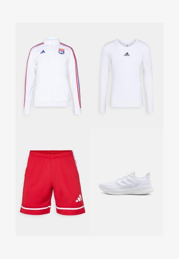 Weiße Sportjacke mit Reißverschluss, mit roten und blauen Streifen an den Ärmeln und einem Olympique Lyonnais Logo auf der Brust. Hergestellt aus synthetischem Material.; Langärmliges weißes Sportshirt aus glattem Material mit einem schwarzen Adidas-Logo auf der Brust; V-Ausschnitt-Design und figurbetonte Form.; Rote Sportshorts aus leichtem Material, mit weißen horizontalen Streifen am Saum und einem weißen Logo auf dem linken Bein.; Weiße Sportschuhe mit einem strukturierten Mesh-Obermaterial, einer stützenden gepolsterten Sohle und einem drei Streifen-Design an der Seite.