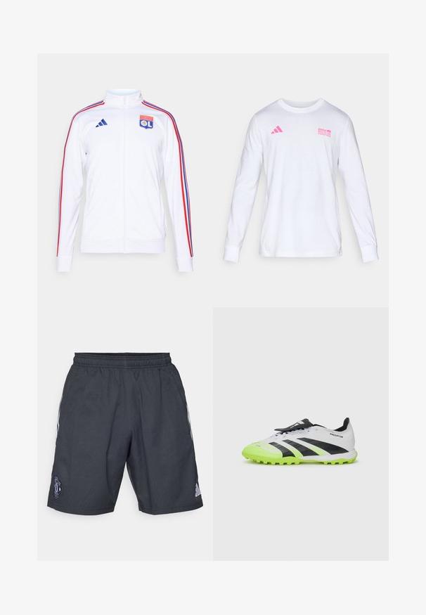 Hvid atletisk jakke med lynlås, der har røde og blå striber på ærmerne og et Olympique Lyonnais-logo på brystet. Fremstillet af syntetisk materiale.; Hvid langærmet crew neck skjorte med lyserødt Adidas-logo og BMW Berlin Marathon tekst på brystet.; Sorte atletiske shorts lavet af åndbart materiale, med elastisk linning, hvide sidestriber og et Manchester United-logo.; Hvid og sort fodboldstøvle med neongrønne detaljer. Tekstur overdel, sorte striber og formede knob på en kontrasterende, levende sål.