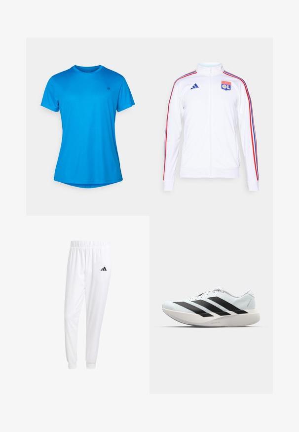 Casaco desportivo branco com fecho de correr, apresentando riscas vermelhas e azuis nas mangas, e o logótipo do Olympique Lyonnais no peito. Feito de material sintético.; Camiseta azul de manga curta feita de um tecido leve e texturizado. Apresenta um decote redondo e um logótipo discreto no peito.; Calças esportivas brancas feitas de tecido suave, com uma cintura elástica e punhos ajustados, apresentando um logo preto no bolso de trás.; Tênis de corrida leves em azul pálido com riscas pretas. Apresentam um cabedal liso, bico redondo e uma entressola espessa branca rotulada como "LIGHTSTRIKE PRO."