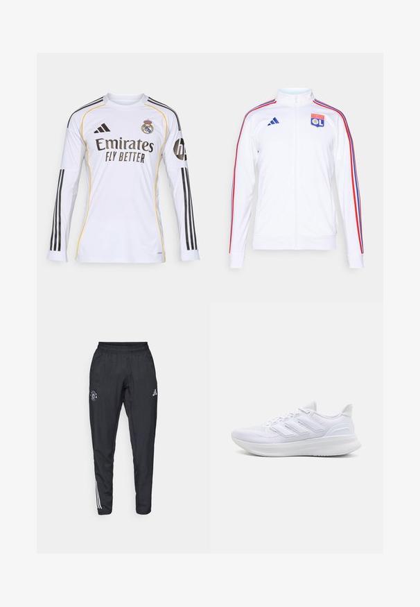 Veste de sport blanche avec zip, présentant des rayures rouges et bleues sur les manches, et un logo de l'Olympique Lyonnais sur la poitrine. Fabriquée en matériau synthétique.; Maillot à manches longues blanc avec des accentuations noires et jaunes, portant le logo "Emirates Fly Better" et l'écusson du Real Madrid, fabriqué en matériau synthétique léger.; Pantalons de sport noirs avec une taille élastique, logo brodé sur la cuisse et bandes blanches sur les côtés.; Chaussures de sport blanches avec un dessus en mesh texturé, une semelle rembourrée et un design à trois bandes sur le côté.