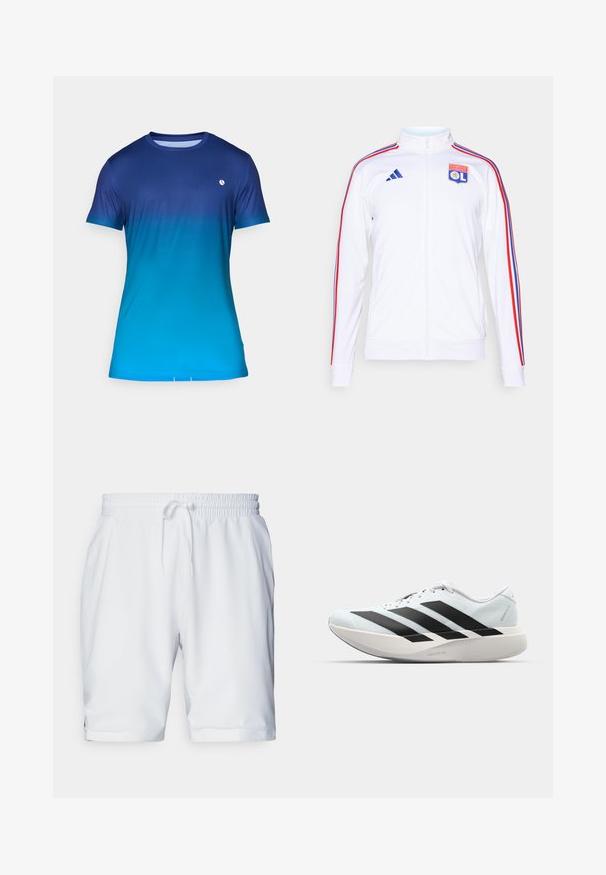Valge sportlik jakk, millel on tõmblukk, punased ja sinised triibud varrukatel ning Olympic Lyonnais logo rinnal. Valmistatud sünteetilisest materjalist.; Sinine gradient täiustatud lühikeste varrukatega T-särk, millel on sile tekstuur, ümmargune kaelus ja väike logo rinnal.; Valged sportlikud lühikesed püksid elastse vöökohaga ja reguleeritava paelaga. Sile kangas, millel on peen struktuur, ja küljetaskud.; Kerged jooksujalatsid helesinises värvuses mustade triipudega. Omavad siledat pealispinda, ümarat varvase osa ja paksu valget vahemõõtu, millel on silt "LIGHTSTRIKE PRO".