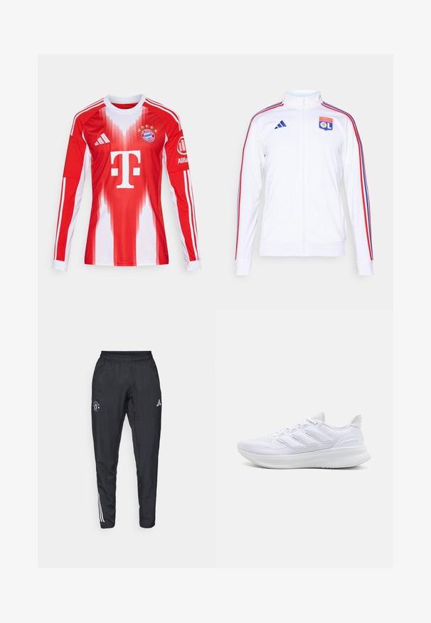 Weiße Sportjacke mit Reißverschluss, mit roten und blauen Streifen an den Ärmeln und einem Olympique Lyonnais Logo auf der Brust. Hergestellt aus synthetischem Material.; Rotes und weißes Langarm-Fußballtrikot mit Farbverläufen, Vereinslogo und drei Streifen an den Ärmeln, aus atmungsaktivem Material gefertigt.; Schwarze Sporthose mit elastischem Bund, gesticktem Logo auf dem Oberschenkel und weißen Streifen an den Seiten.; Weiße Sportschuhe mit einem strukturierten Mesh-Obermaterial, einer stützenden gepolsterten Sohle und einem drei Streifen-Design an der Seite.