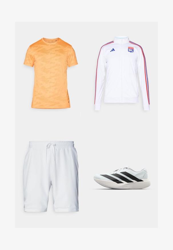White athletic jacket with zip, featuring red and blue stripes on sleeves, and an Olympic Lyonnais logo on the chest. Made from synthetic material.; Orange camo-patterned short-sleeve t-shirt with a round neckline and subtle textured fabric. Side slit detail at the hem. Lightweight design.; White athletic shorts with an elastic waistband and adjustable drawstring. Smooth fabric with a subtle texture, featuring side pockets.; Lightweight running shoes in pale blue with black stripes. Features a smooth upper, round toe, and thick white midsole labeled "LIGHTSTRIKE PRO."