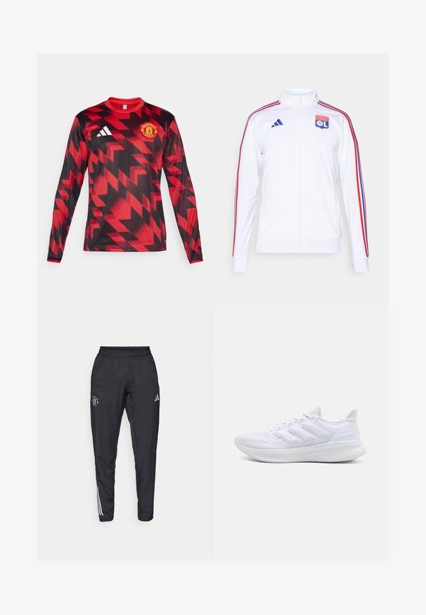 Veste de sport blanche avec zip, présentant des rayures rouges et bleues sur les manches, et un logo de l'Olympique Lyonnais sur la poitrine. Fabriquée en matériau synthétique.; Jersey rouge à manches longues avec des motifs géométriques noirs, arborant un logo de Manchester United brodé et trois accents blancs rayés sur l'épaule.; Pantalons de sport noirs avec une taille élastique, logo brodé sur la cuisse et bandes blanches sur les côtés.; Chaussures de sport blanches avec un dessus en mesh texturé, une semelle rembourrée et un design à trois bandes sur le côté.