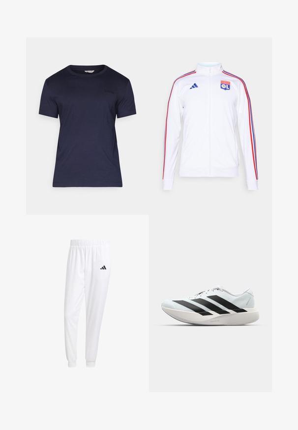 Balta sporta jaka ar ciparu, ar sarkaniem un ziliem svītrām uz piedurknēm un Olimpiskā Liona logo uz krūtīm. Izgatavota no sintētiskā materiāla.; Jūras zila īsām piedurknēm t-krekls no mīkstas auduma, ar klasisku apaļu kaklu un diskrētu melnu "BORG" logo uz krūšu daļas. Iezīmē brīvu piegriezumu.; Baltas sporta bikses, kas izgatavotas no gludas auduma, ar elastīgu jostu un pieguļošiem uzmavām, ar melnu logotipu aizmugurējā kabatā.; Gaiši zili vieglie skriešanas apavi ar melniem svītrainiem. Iezīmēti ar gludu augšpusi, apaļu purngalu un biezāko balto vidējo zoli, kurā ir uzraksts "LIGHTSTRIKE PRO."