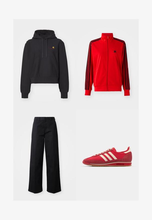 Rdeča jopica z zadrgo, izdelana iz gladkega materiala, z črnimi stranskimi črtami, visokim ovratnikom in majhnim črnim logotipom na prsih.; Črna skrajšana kapuca iz mehkega materiala, ki ima kenguru žep, kapuco na vrvico in izvezeno logo v rumeni in rdeči barvi.; Črne široke hlače iz mehkega bombažnega blaga. Imajo klasičen pas, stranske žepe in raven kroj do roba.; Rdeče atletke z teksturirano zgornjimi deli, tremi belimi črtami, okroglo konico in gumijastimi podplati ter logotipom na strani.