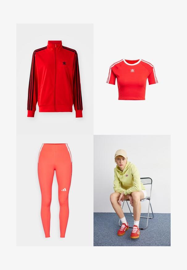 Punainen vetoketjullinen takki, joka on valmistettu sileästä kankaasta. Takissa on mustat sivuraidat, korkea kaulus ja pieni musta logo rinnassa.; Punainen lyhythihainen lyhyt t-paita, joka on valmistettu puuvillasta. Siinä on valkoiset raidat hihansuissa ja valkoinen kaulus, sekä Adidas-logo valkoisena edessä.; Korkeat leggingsit, joissa on kirkas koralli väri ja valkoiset sivuviivat sekä pieni valkoinen logo vasemmassa sääressä. Sileä, joustava kangas.; Vaaleanvihreä huppari, jossa on logo, valkoiset shortsit, punaiset tennarit valkoisilla raidoilla, istuu kromisessa taitettavassa tuolissa neutraalia taustaa vasten.