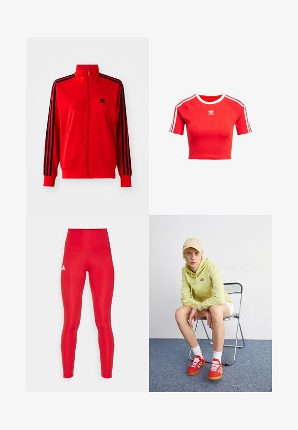 Punainen vetoketjullinen takki, joka on valmistettu sileästä kankaasta. Takissa on mustat sivuraidat, korkea kaulus ja pieni musta logo rinnassa.; Punainen lyhythihainen lyhyt t-paita, joka on valmistettu puuvillasta. Siinä on valkoiset raidat hihansuissa ja valkoinen kaulus, sekä Adidas-logo valkoisena edessä.; adidas Performance Juoksutrikoot - team power red; Vaaleanvihreä huppari, jossa on logo, valkoiset shortsit, punaiset tennarit valkoisilla raidoilla, istuu kromisessa taitettavassa tuolissa neutraalia taustaa vasten.