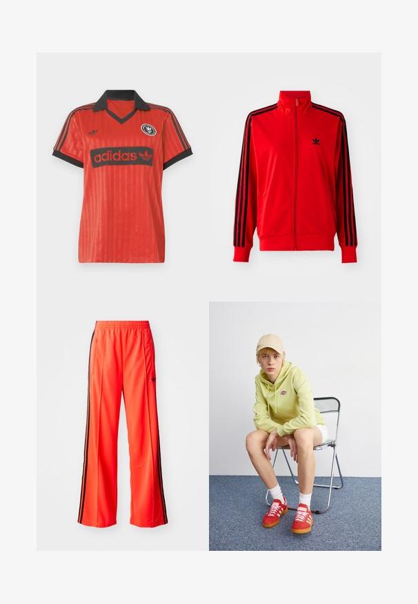 Czerwona kurtka z zamkiem, wykonana z gładkiego materiału, z czarnymi paskami po bokach, wysokim kołnierzem i małym czarnym logo na piersi.; Czerwona piłkarska koszulka w paski z czarnym kołnierzem, z czarnym logo Adidas oraz okrągłym emblematem klubu na lewej piersi.; Jasnopomarańczowe spodnie sportowe o szerokim kroju, z czarnymi paskami po bokach i elastycznym pasem. Zawierają kieszeń zapinaną na zamek.; Jasnozielona bluza z kapturem z logo, białe szorty, czerwone buty sportowe w białe paski, siedzący na chromowanym składanym krześle na neutralnym tle.
