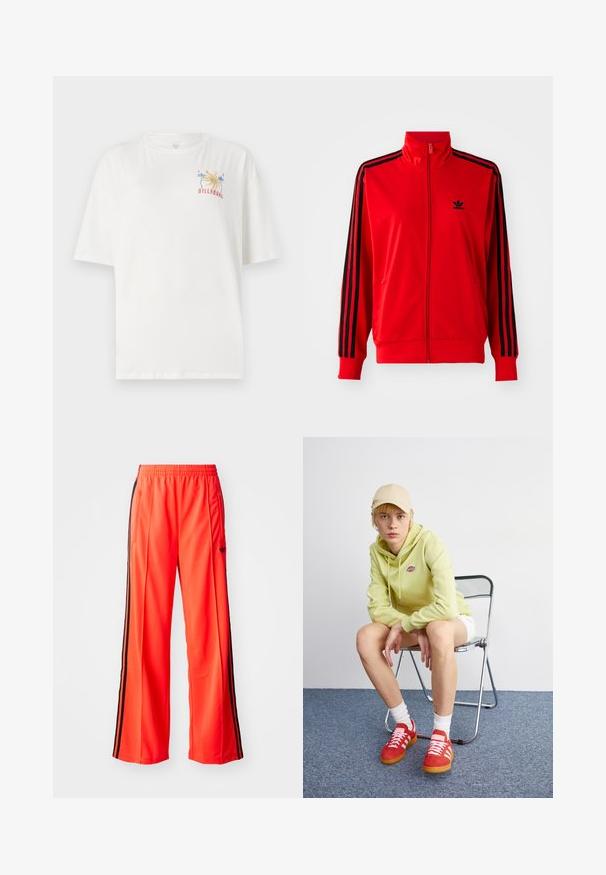 Punane tõmbluku pusa, mis on valmistatud siledast kangast, mustade külgribadega, kõrgema kraega ja väikese musta logoga rinnal.; Valge puuvillane T-särk, millel on mugav lõige, esiküljel on kirju Billabongi logo palmiõitega ja aasta "1973" tikandiga vasakul rinnal.; Kirkas oranžid spordipüksid laia säärekujundusega, millel on mustad külgtriibud ja elastne vöökoht. Kaasas on lukuga tasku.; Hele roheline kapuutsiga särgiga, valged lühikesed püksid, punased tossud valgete triipudega, istub kroomitud kokkuklapitaval toolil neutraalse tausta ees.