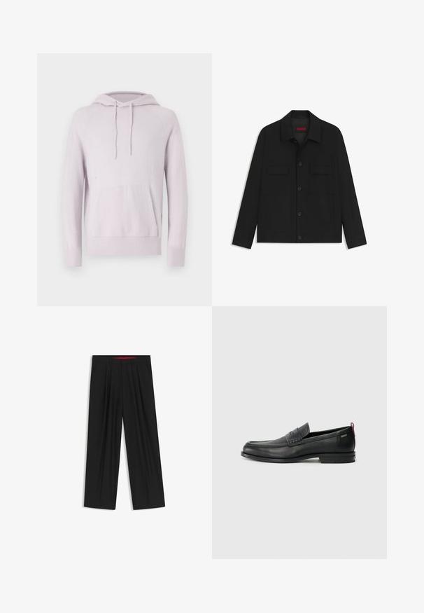 Schwarze Jacke mit knöpfbarem vorderen Verschluss, zwei Brusttaschen und Kragen. Aus glatt gewebtem Stoff mit strukturiertem Design.; Hellblaues Hoodie mit Kordelzugkapuze, vordere Kängurutasche und gerippten Bündchen. Hergestellt aus weichem, strukturiertem Gewebe mit entspannter Passform.; Schwarze weit geschnittene Hosen mit flachem Bund, zwei seitlichen Taschen, gefaltetem Design und einem kontrastierenden roten Innenbund.; Schwarze Lederloafers mit einem strukturierten Vorderteil und glatten Seiten. Sie verfügen über einen schmalen Absatz und eine Schlaufe an der Rückseite für einfaches Anziehen. Klassisches Design.