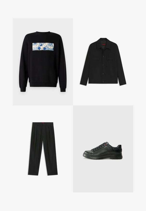Giacca nera con chiusura a bottoni, due tasche sul petto e colletto. Realizzata in tessuto liscio con un design strutturato.; Felpa nera con un pannello rettangolare centrale caratterizzato da un motivo astratto blu e bianco. I polsini e l'orlo a costine offrono struttura.; Pantaloni neri con un design plissè, forma a gamba larga e texture liscia. Presentano un'etichetta rossa in vita.; Sneaker nera in pelle con superficie testurizzata, collo imbottito e dettaglio logo rosso. Presenta una suola in gomma spessa con un motivo di battistrada distintivo.